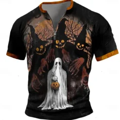 Outlet OUKU Pumpkin Boo Retro Vintage Men's 3D Print T shirt Tee Street Casual Daily Halloween T shirt Short Sleeve Half Zip Shirt Summer Spring Clothing Apparel S M L XL XXL XXXL Black