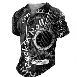 Hot OUKU Rock N Roll Guitar Mens Graphic Shirt And 3D Red Summer Cotton Henley Tee Musical Instrument Clothing Apparel Print Daily Sports Short Sleeve Concert