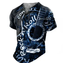 Hot OUKU Rock N Roll Guitar Mens Graphic Shirt And 3D Red Summer Cotton Henley Tee Musical Instrument Clothing Apparel Print Daily Sports Short Sleeve Concert