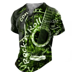 Hot OUKU Rock N Roll Guitar Mens Graphic Shirt And 3D Red Summer Cotton Henley Tee Musical Instrument Clothing Apparel Print Daily Sports Short Sleeve Concert