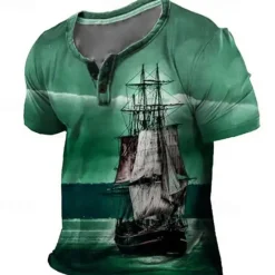 New OUKU Sailboat T-Shirt Mens Graphic 3D For Vacation | Blue Summer Cotton Fashion Designer Comfortable Print Henley Tee Outdoor Casual Daily Day Pirate