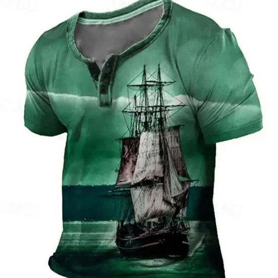 New OUKU Sailboat T-Shirt Mens Graphic 3D For Vacation | Blue Summer Cotton Fashion Designer Comfortable Print Henley Tee Outdoor Casual Daily Day Pirate