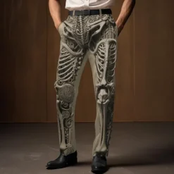 Sale OUKU Skeleton Punk Abstract Men's 3D Print Pants Trousers Outdoor Street Wear to work Halloween Polyester Black White Khaki S M L High Elasticity Pants