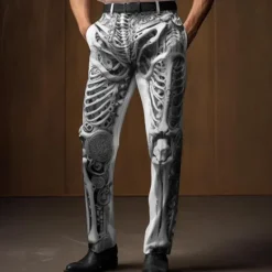 Sale OUKU Skeleton Punk Abstract Men's 3D Print Pants Trousers Outdoor Street Wear to work Halloween Polyester Black White Khaki S M L High Elasticity Pants