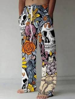 Outlet OUKU Skull Punk Abstract Men's 3D Print Pants Trousers Outdoor Street Going out Halloween Polyester S M L Mid Waist Elasticity Pants Blue