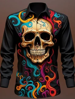Sale OUKU Skull Vintage Gothic Men's Shirt Outdoor Halloween Street Fall & Winter Turndown Long Sleeve Black Yellow Blue S M L Shirt