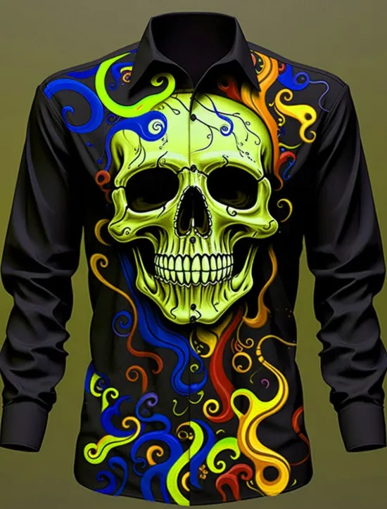 Sale OUKU Skull Vintage Gothic Men's Shirt Outdoor Halloween Street Fall & Winter Turndown Long Sleeve Black Yellow Blue S M L Shirt