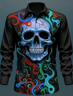 Sale OUKU Skull Vintage Gothic Men's Shirt Outdoor Halloween Street Fall & Winter Turndown Long Sleeve Black Yellow Blue S M L Shirt