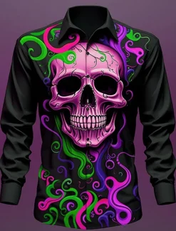 Sale OUKU Skull Vintage Gothic Men's Shirt Outdoor Halloween Street Fall & Winter Turndown Long Sleeve Black Yellow Blue S M L Shirt
