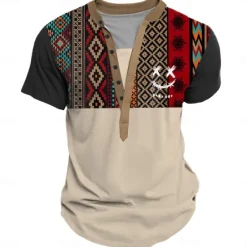 Online OUKU Smile Face Men's Ethnic Style 3D Print T shirt Tee Henley Shirt Casual Daily T shirt Black Khaki Short Sleeve Henley Shirt Summer Clothing Apparel S M L XL XXL 3XL