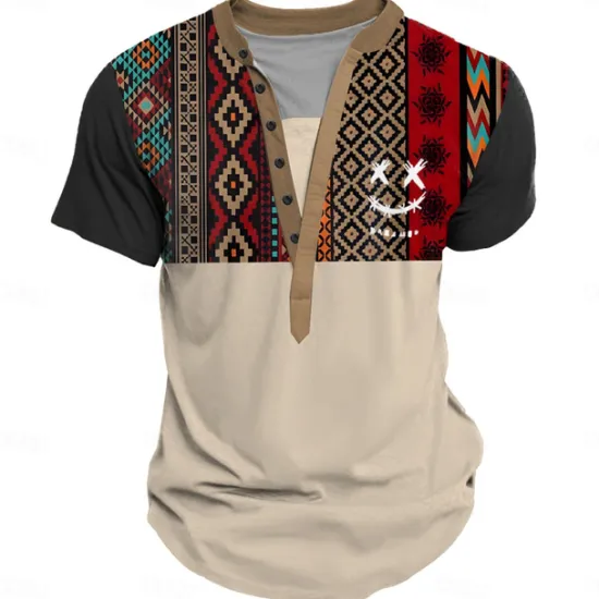 Online OUKU Smile Face Men's Ethnic Style 3D Print T shirt Tee Henley Shirt Casual Daily T shirt Black Khaki Short Sleeve Henley Shirt Summer Clothing Apparel S M L XL XXL 3XL
