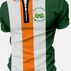 Sale OUKU St.Patrick's Day Men's Zip Polo Polo Shirt Golf Shirt Beer Saint Patrick Day St. Patrick's Day Clover Turndown Outdoor Street Short Sleeves Zipper Print Clothing Apparel Fashion Designer Casual Green