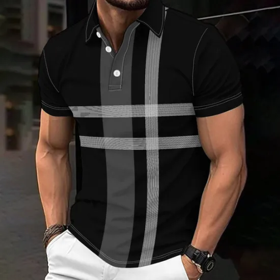 Clearance OUKU Stripes and Plaid Men's Casual Print Polo Set Casual Daily Wear 95% Polyester 5% Spandex Short Sleeve Turndown Polo Shirts Spring & Summer S M L Micro-elastic Lapel Polo Black