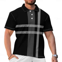 Clearance OUKU Stripes and Plaid Men's Casual Print Polo Set Casual Daily Wear 95% Polyester 5% Spandex Short Sleeve Turndown Polo Shirts Spring & Summer S M L Micro-elastic Lapel Polo Black