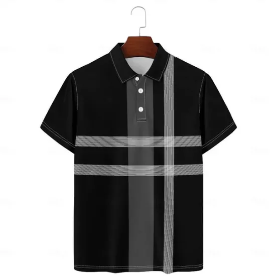 Clearance OUKU Stripes and Plaid Men's Casual Print Polo Set Casual Daily Wear 95% Polyester 5% Spandex Short Sleeve Turndown Polo Shirts Spring & Summer S M L Micro-elastic Lapel Polo Black