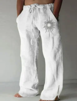 Online OUKU Sun Vintage Men's 3D Print Pants Trousers Outdoor Street Going out Polyester White Blue Green S M L Mid Waist Elasticity Pants