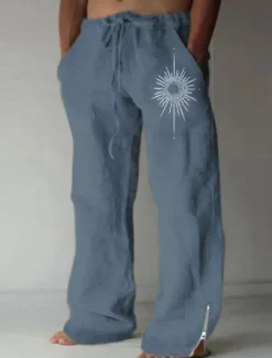 Online OUKU Sun Vintage Men's 3D Print Pants Trousers Outdoor Street Going out Polyester White Blue Green S M L Mid Waist Elasticity Pants