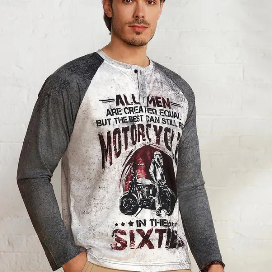 OUKU T shirt Tee Henley Shirt Graphic Prints Motorcycle Henley Clothing Apparel Outdoor Casual Long Sleeve Button-Down Print Stylish Lightweight Vintage Sixties Grey And White