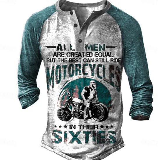 OUKU T shirt Tee Henley Shirt Graphic Prints Motorcycle Henley Clothing Apparel Outdoor Casual Long Sleeve Button-Down Print Stylish Lightweight Vintage Sixties Grey And White