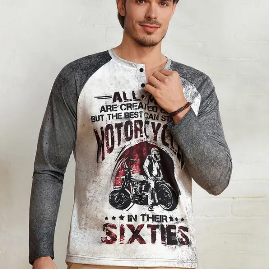 OUKU T shirt Tee Henley Shirt Graphic Prints Motorcycle Henley Clothing Apparel Outdoor Casual Long Sleeve Button-Down Print Stylish Lightweight Vintage Sixties Grey And White