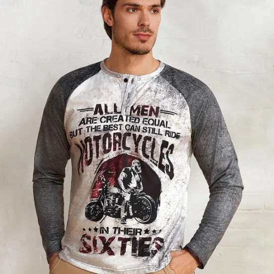 OUKU T shirt Tee Henley Shirt Graphic Prints Motorcycle Henley Clothing Apparel Outdoor Casual Long Sleeve Button-Down Print Stylish Lightweight Vintage Sixties Grey And White