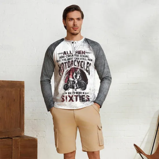 OUKU T shirt Tee Henley Shirt Graphic Prints Motorcycle Henley Clothing Apparel Outdoor Casual Long Sleeve Button-Down Print Stylish Lightweight Vintage Sixties Grey And White