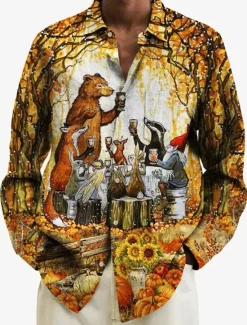 Sale OUKU Thanksgiving Day Men's Animal Shirt Western Shirt Cowboy Shirt Long Sleeve Casual Daily Wear Going out Fall & Winter Turndown Pocket Print Button-Down Yellow