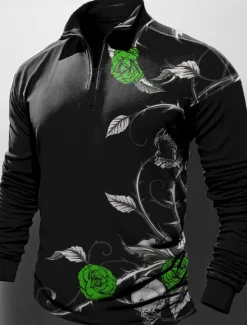 Hot OUKU Valentine's Day Rose Men's Abstract Print 3D Zip Polo Outdoor Casual Daily Streetwear Polyester Long Sleeve Zip Polo Shirts Red Blue Spring & Summer S M L Micro-elastic