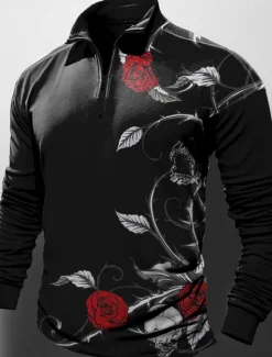 Hot OUKU Valentine's Day Rose Men's Abstract Print 3D Zip Polo Outdoor Casual Daily Streetwear Polyester Long Sleeve Zip Polo Shirts Red Blue Spring & Summer S M L Micro-elastic