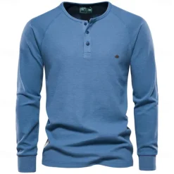 Best OUKU Waffle Henley T-Shirt Men Long Sleeve Basic Breathable Men's Tops Tee Shirts New Autumn Solid Color T Shirt For Men