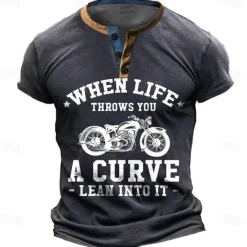 OUKU When Life Throws You A Curve -Lean Into It- Daily Letter Quotes & Sayings Motorcycle Athleisure Henley Street Style Men'S 3d Print T Shirt Tee Casual Red Blue Green Summer Spring Apparel S - 3XL