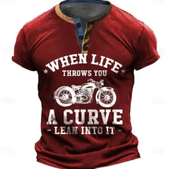 OUKU When Life Throws You A Curve -Lean Into It- Daily Letter Quotes & Sayings Motorcycle Athleisure Henley Street Style Men'S 3d Print T Shirt Tee Casual Red Blue Green Summer Spring Apparel S - 3XL