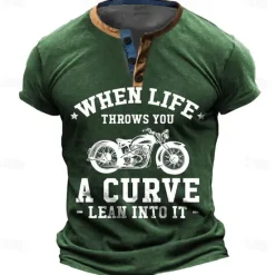 OUKU When Life Throws You A Curve -Lean Into It- Daily Letter Quotes & Sayings Motorcycle Athleisure Henley Street Style Men'S 3d Print T Shirt Tee Casual Red Blue Green Summer Spring Apparel S - 3XL
