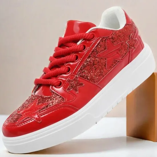 Outlet OUKU Women's Red Glitter Star Sneakers - Stylish Patent Faux Leather Design with Comfortable White Sole for Casual and Party Wear