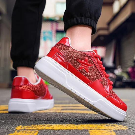 Outlet OUKU Women's Red Glitter Star Sneakers - Stylish Patent Faux Leather Design with Comfortable White Sole for Casual and Party Wear