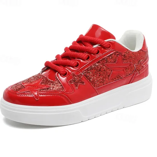 Outlet OUKU Women's Red Glitter Star Sneakers - Stylish Patent Faux Leather Design with Comfortable White Sole for Casual and Party Wear
