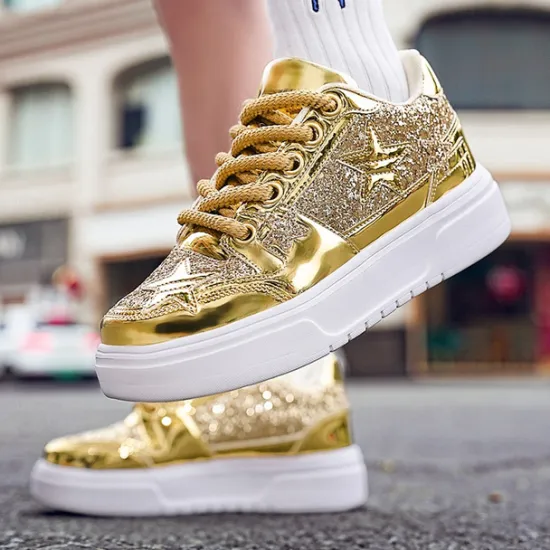 Outlet OUKU Women's Red Glitter Star Sneakers - Stylish Patent Faux Leather Design with Comfortable White Sole for Casual and Party Wear
