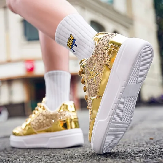 Outlet OUKU Women's Red Glitter Star Sneakers - Stylish Patent Faux Leather Design with Comfortable White Sole for Casual and Party Wear