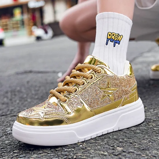 Outlet OUKU Women's Red Glitter Star Sneakers - Stylish Patent Faux Leather Design with Comfortable White Sole for Casual and Party Wear