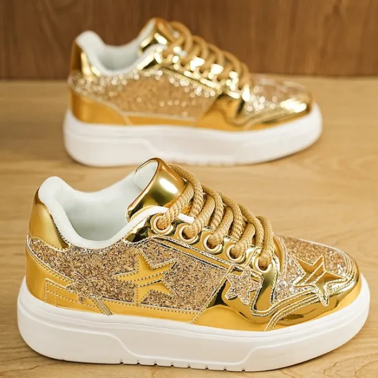 Outlet OUKU Women's Red Glitter Star Sneakers - Stylish Patent Faux Leather Design with Comfortable White Sole for Casual and Party Wear