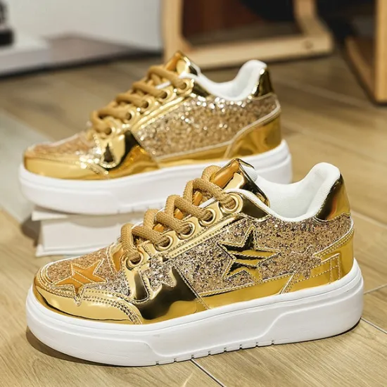 Outlet OUKU Women's Red Glitter Star Sneakers - Stylish Patent Faux Leather Design with Comfortable White Sole for Casual and Party Wear