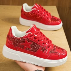Outlet OUKU Women's Red Glitter Star Sneakers - Stylish Patent Faux Leather Design with Comfortable White Sole for Casual and Party Wear