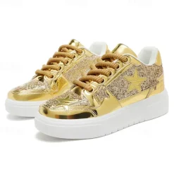 Outlet OUKU Women's Red Glitter Star Sneakers - Stylish Patent Faux Leather Design with Comfortable White Sole for Casual and Party Wear