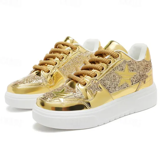 Outlet OUKU Women's Red Glitter Star Sneakers - Stylish Patent Faux Leather Design with Comfortable White Sole for Casual and Party Wear