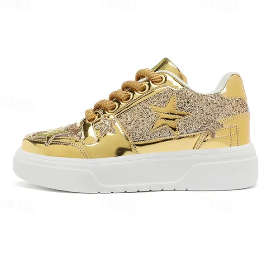 Outlet OUKU Women's Red Glitter Star Sneakers - Stylish Patent Faux Leather Design with Comfortable White Sole for Casual and Party Wear