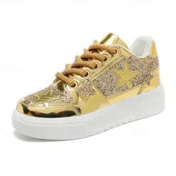 Outlet OUKU Women's Red Glitter Star Sneakers - Stylish Patent Faux Leather Design with Comfortable White Sole for Casual and Party Wear