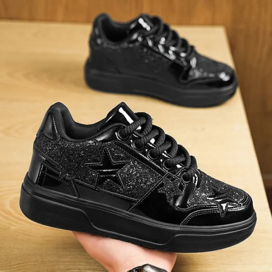 Outlet OUKU Women's Red Glitter Star Sneakers - Stylish Patent Faux Leather Design with Comfortable White Sole for Casual and Party Wear
