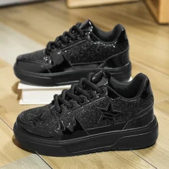Outlet OUKU Women's Red Glitter Star Sneakers - Stylish Patent Faux Leather Design with Comfortable White Sole for Casual and Party Wear