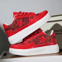 Outlet OUKU Women's Red Glitter Star Sneakers - Stylish Patent Faux Leather Design with Comfortable White Sole for Casual and Party Wear
