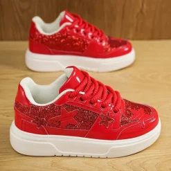 Outlet OUKU Women's Red Glitter Star Sneakers - Stylish Patent Faux Leather Design with Comfortable White Sole for Casual and Party Wear